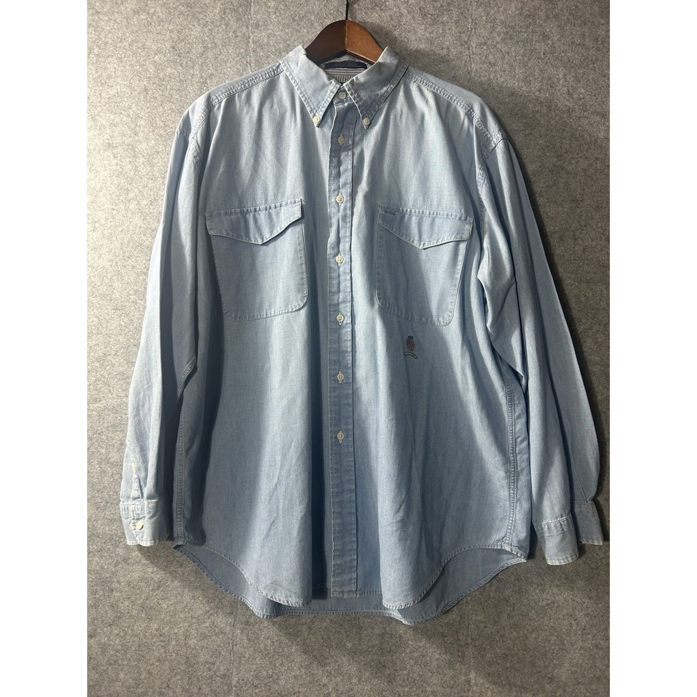 Vintage Tommy Jeans Light Blue Chambray Button Down Shirt Crest Logo Sz Lrg